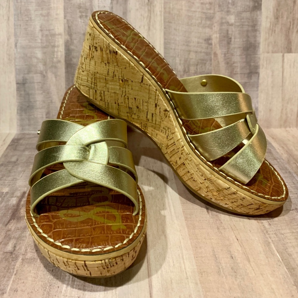 Sam Edelman Raynere Cork Wedge Gold Leather
